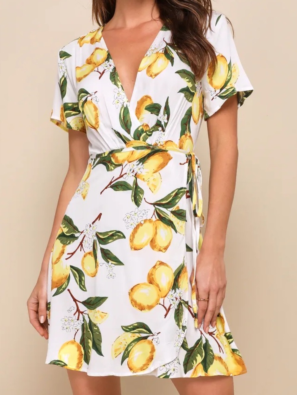 Lulu's White Short Sleeve Wrap Mini Dress with Yellow Lemon Print
